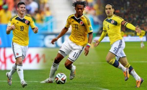 James, Cuadrado y Falcao con Colombia