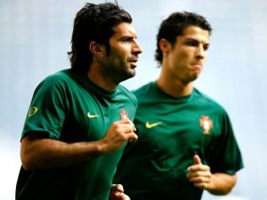 Figo y Cristiano entrenando