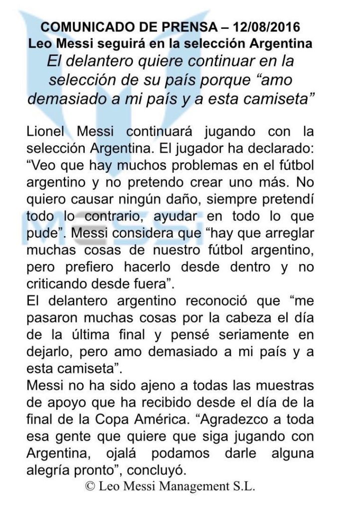 comunicado oficial del regreso de messi a la seleccion argentina