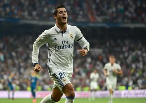 Álvaro Morata festejando un gol con el Real Madrid