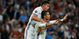 James celebra un gol de Cristiano RONALDO en la UCL