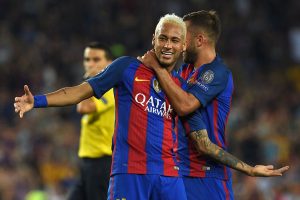 Neymar celebra un gol en Champions con el FC Barcelona
