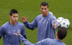 james rodriguez y cristiano ronaldo entrenamiento real madrid champions league