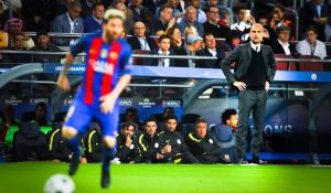 Leo Messi y pep guardiola en un manchester city vs barcelona por champions league