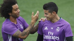 James Rodríguez con Marcelo en el Real Madrid