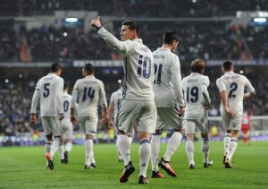 James con el Real Madrid celebrando un gol