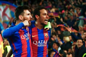 messi y neymar celebran un gol con el barceloma