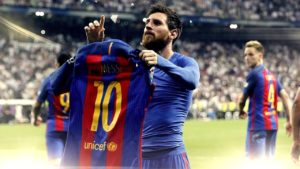 Messi celebrando en el Santiago Bernabéu