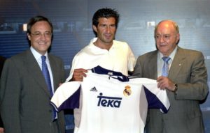 Florentino, Figo y Di Stéfano en la presentación del portugués