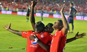 América de cali celebra un gol en el pascual guerrero por liga aguila con martinez borja