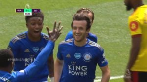 GOLAZO de Ben Chilwell, con un bombazo cruzado tras un fantástico cambio de juego de Gray. Leicester 1-1 watford. Premier league.