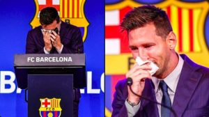 Messi llora desconsoladamente en su despedida del Barcelona